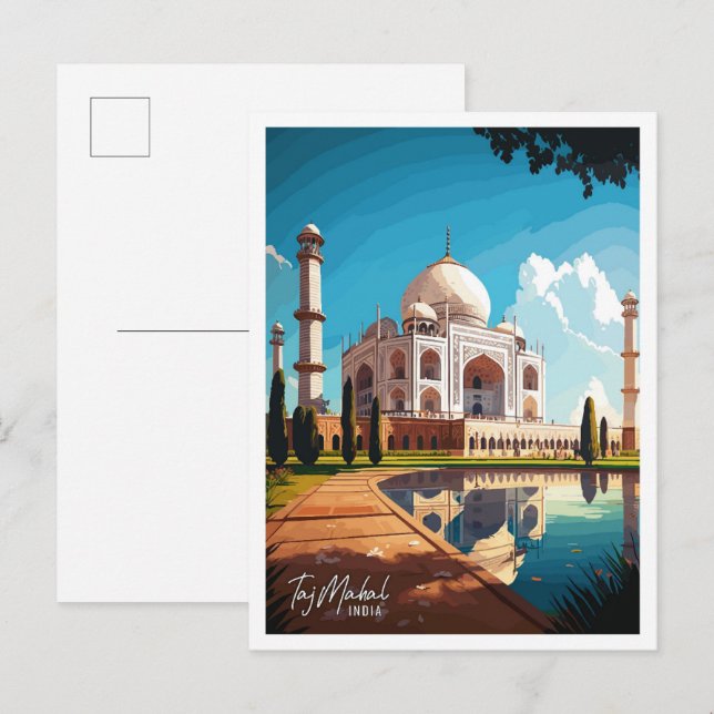 Postal Taj Mahal Ilustracion de viajes de arte de India (Anverso / Reverso)
