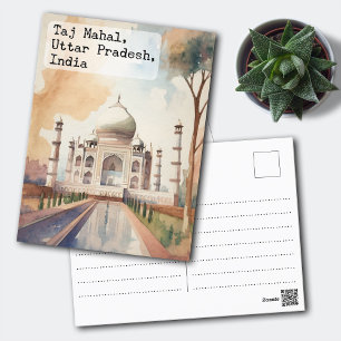Postal Taj Mahal, India Viaje de color de agua vintage