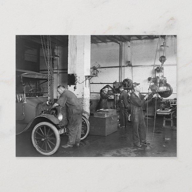 Postal Taller de reparación de automóviles, 1919 (Anverso)