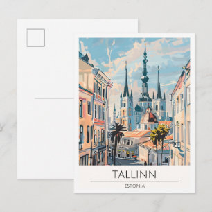 Postal Tallin Estonia Arte Vintage Ilustración Viajes