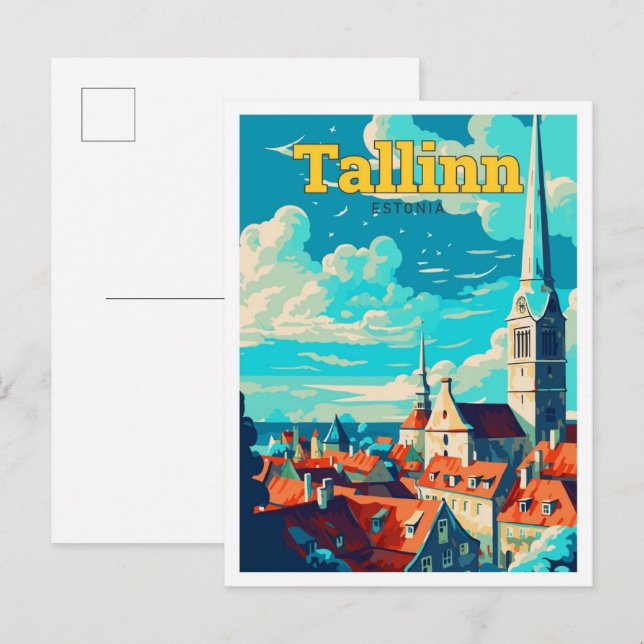 Postal Tallín Estonia Ilustracion de Viajes de Arte Vinta (Anverso / Reverso)