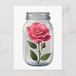 Postal Tallo De Flor De Rosa Rosa En Una Botella De Vidri