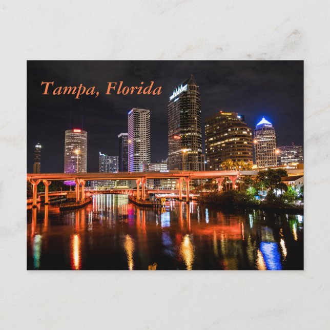 Postal Tampa, Florida, City Lights Skyline por noche (Anverso)