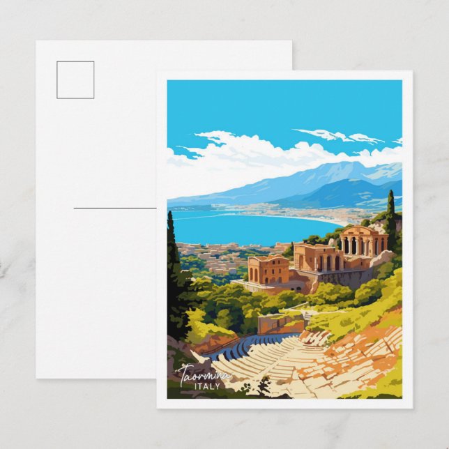 Postal Taormina Italia ilustracion de Viaje Viejo (Anverso / Reverso)