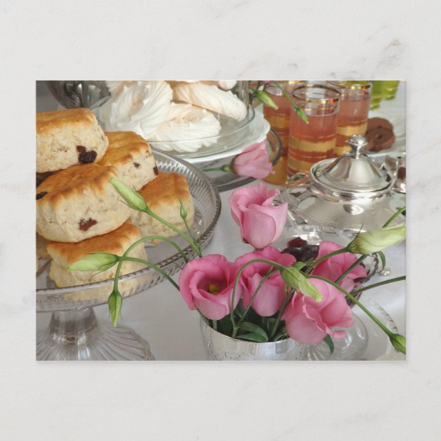 Postal Tarde Tea Postcard Scones Flores Rosa Teapot (Anverso)
