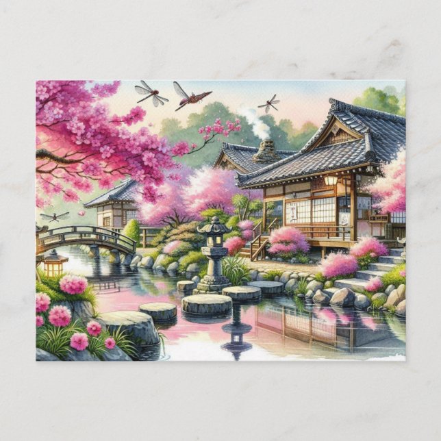 Postal Tarde Tranquila de Primavera en un Jardín Japonés (Anverso)