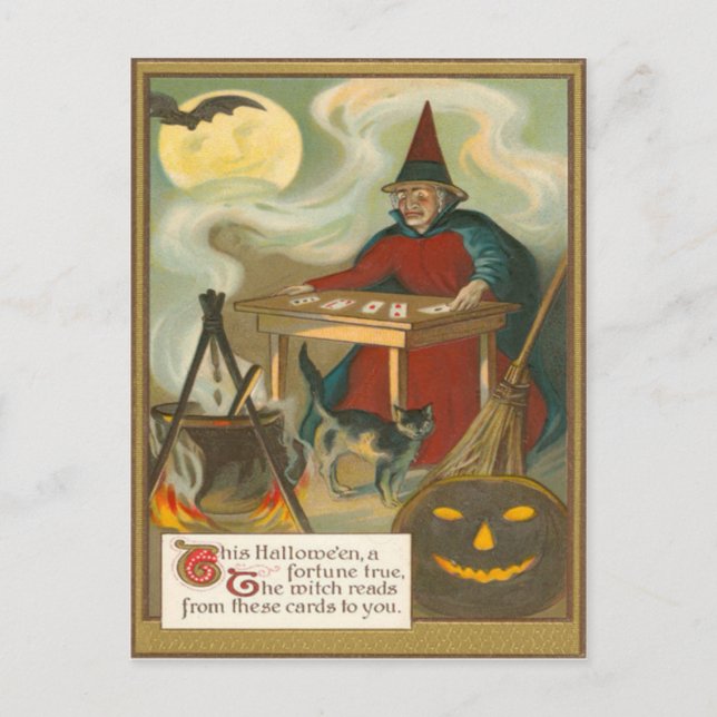 Postal Tarot de Bruja Murciélago Luna Llena Gato Negro (Anverso)