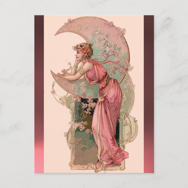 POSTAL TAROTES / DAMA DE LA LUNA CON FLORES EN ROSA (Anverso)