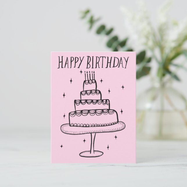 Postal Tarta de Cumpleaños Bosquejo Caprichoso Garabato  (Anverso de pie)