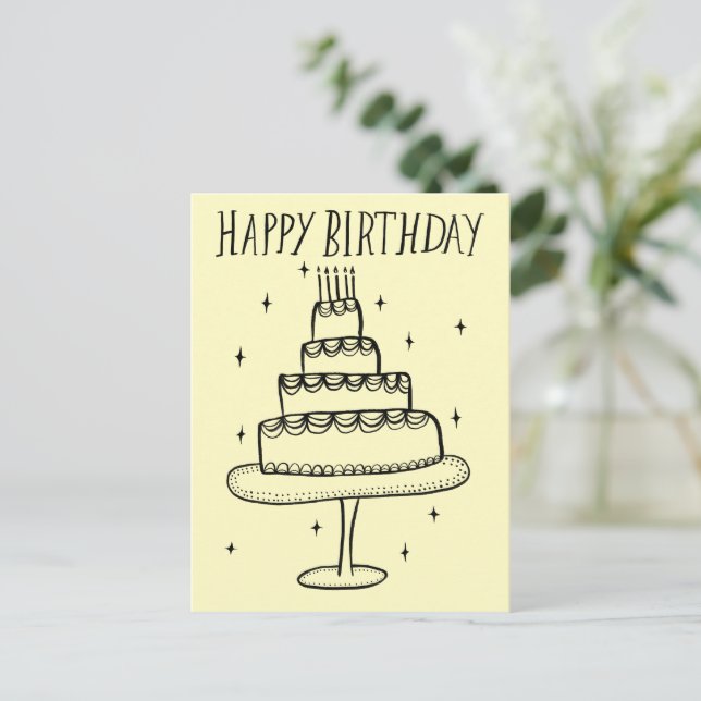 Postal Tarta de Cumpleaños Bosquejo Caprichoso Garabato  (Anverso de pie)