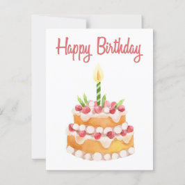 Postal Tarta de cumpleaños feliz | Fresa acuarela