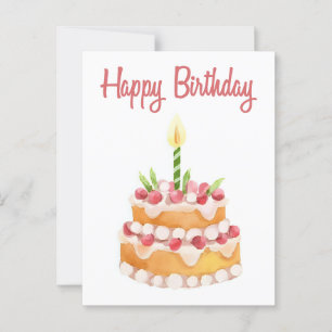 Postal Tarta de cumpleaños feliz Fresa acuarela