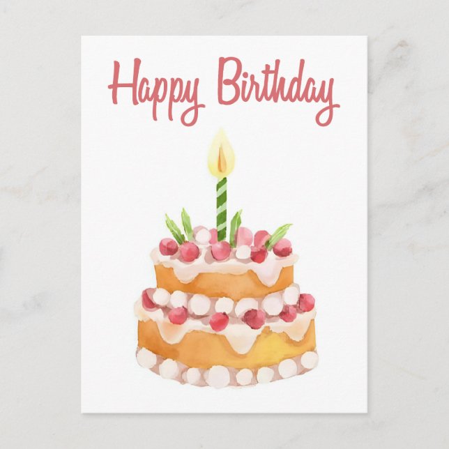 Postal Tarta de cumpleaños feliz | Fresa acuarela (Anverso)