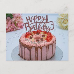 Postal Tarta de cumpleaños feliz fresca mantel blanco flo