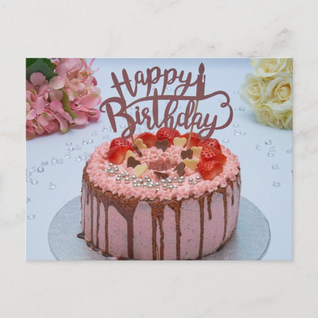 Postal Tarta de cumpleaños feliz fresca mantel blanco flo (Anverso)