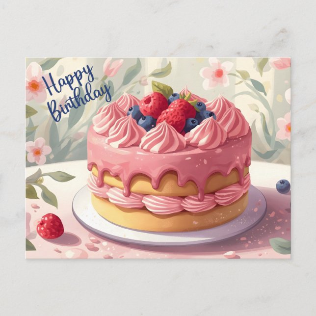 Postal Tarta De Cumpleaños Frutas Y Flores  (Anverso)