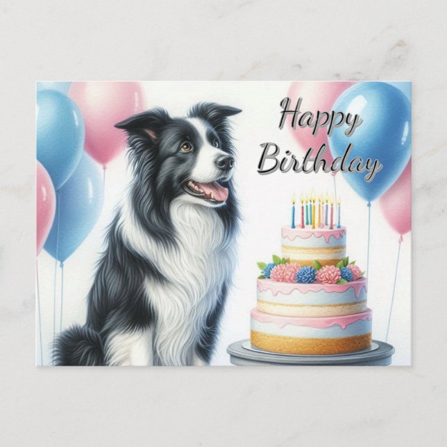 Postal Tarta de cumpleaños globos Border Collie (Anverso)