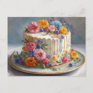 Postal Tarta de cumpleaños preciosa con flores 
