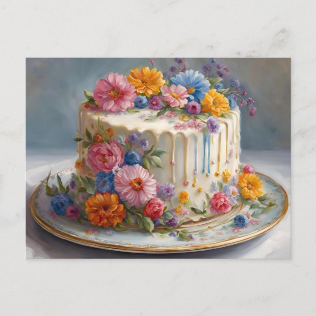 Postal Tarta de cumpleaños preciosa con flores  (Anverso)