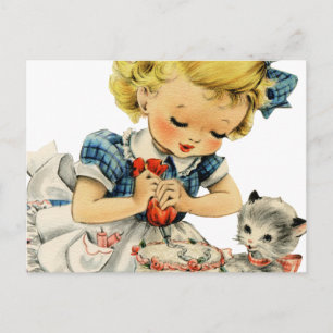 Postal Tarta de cumpleaños retro de niña gato arte infant