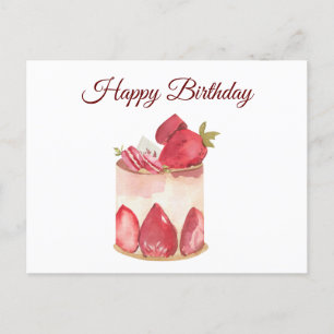 Postal Tarta De Fresa Acuarela Cumpleaños