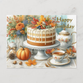 Postal Tarta de otoño y taza de té Feliz cumpleaños 