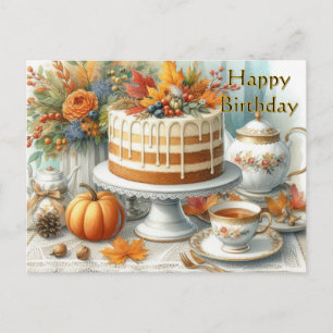 Postal Tarta de otoño y taza de té Feliz cumpleaños 