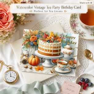 Postal Tarta de otoño y taza de té Feliz cumpleaños 