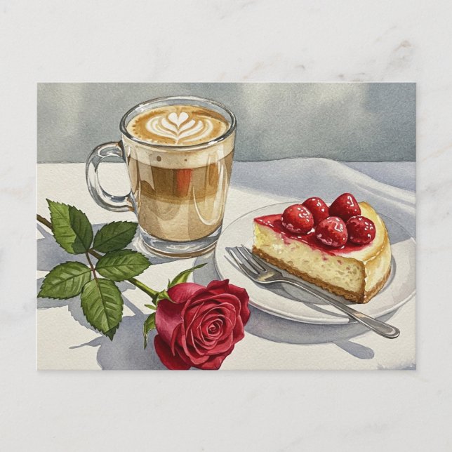 Postal Tarta de queso con café latte y rosa roja de fresa (Anverso)