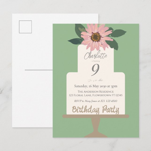Postal Tarta Floral Rosa Cumpleaños  (Anverso / Reverso)