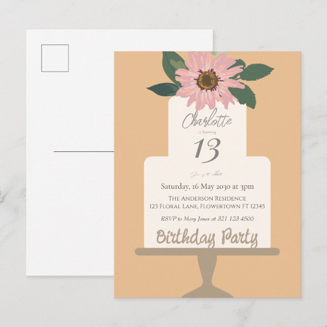 Postal Tarta Floral Rosa Cumpleaños  (Anverso / Reverso)