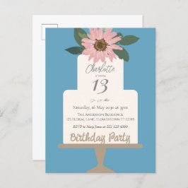 Postal Tarta Floral Rosa Fiesta de Cumpleaños 