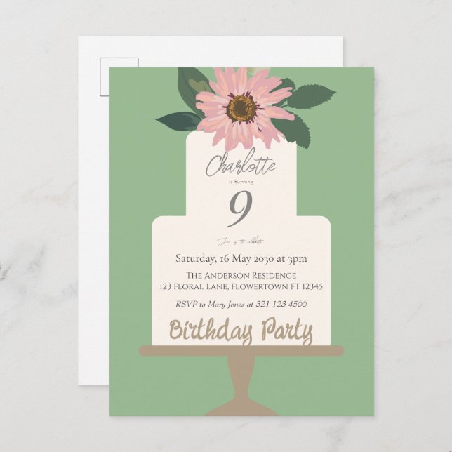 Postal Tarta Floral Rosa Fiesta de Cumpleaños  (Anverso / Reverso)