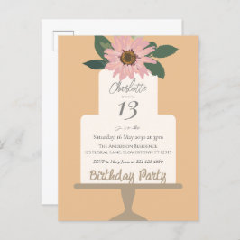 Postal Tarta Floral Rosa Fiesta de Cumpleaños 