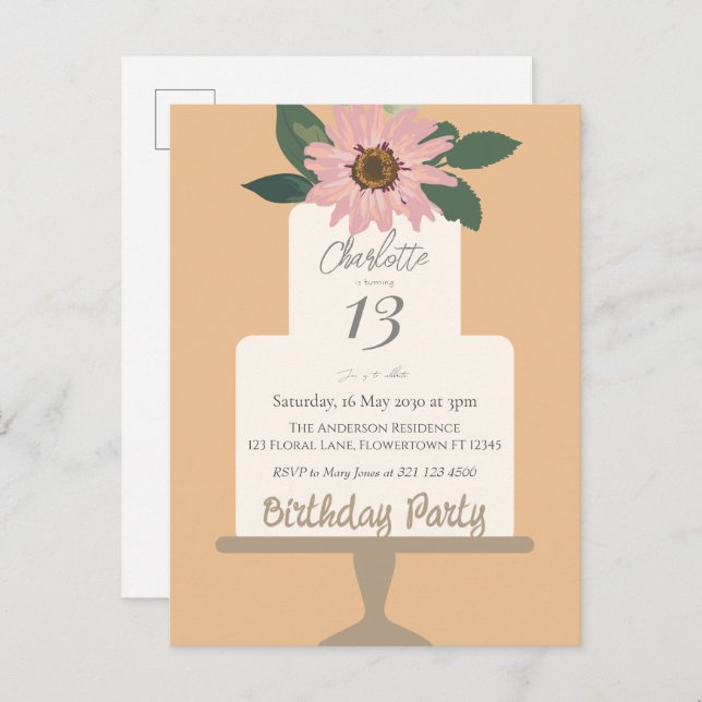 Postal Tarta Floral Rosa Fiesta de Cumpleaños  (Anverso / Reverso)