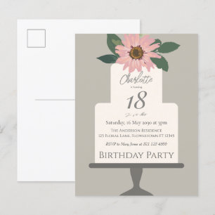 Postal Tarta Floral Rosa Fiesta de Cumpleaños