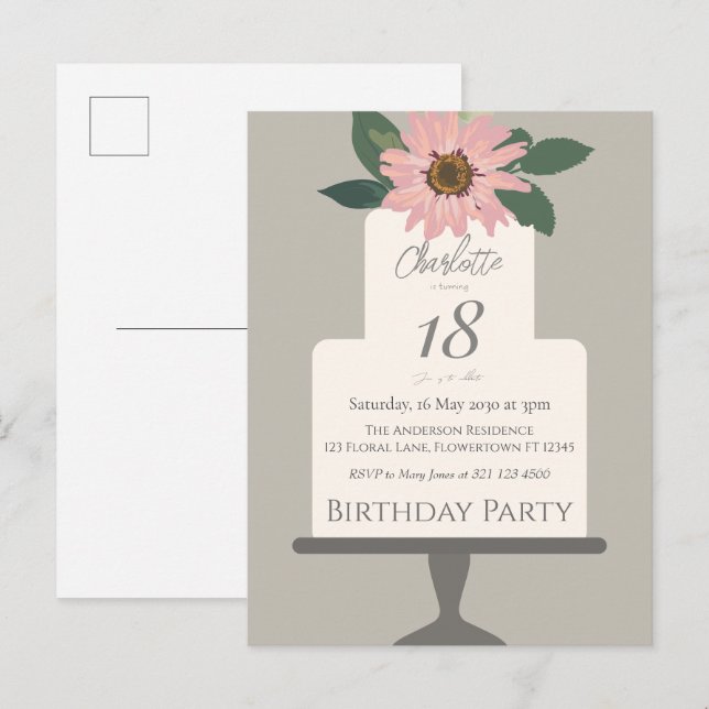 Postal Tarta Floral Rosa Fiesta de Cumpleaños  (Anverso / Reverso)