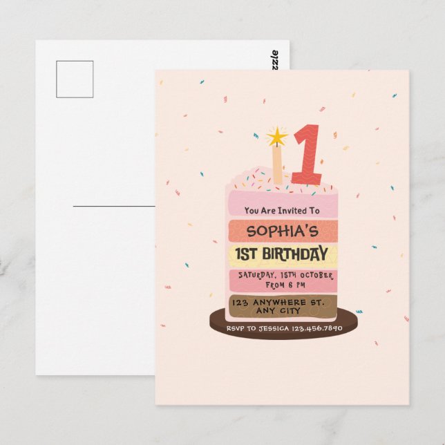 Postal Tarta ilustrada adorable dulce fiesta de cumpleaño (Anverso / Reverso)