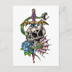 Postal Tatuaje de calavera y daga
