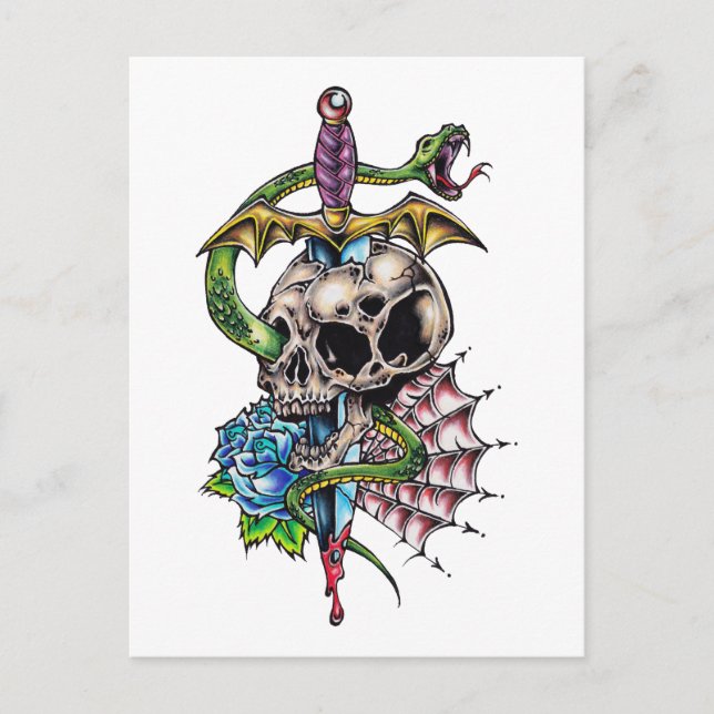 Postal Tatuaje de calavera y daga (Anverso)