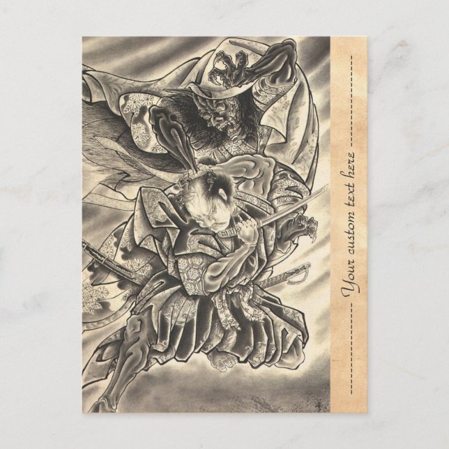 Postal Tatuaje de lucha del demonio samurai japonés vinta (Anverso)