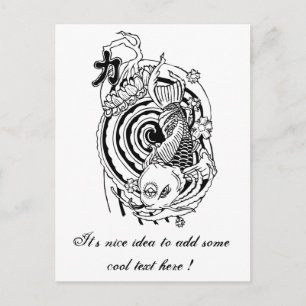 Postal Tatuaje de pescado de Koi blanco y negro oriental 