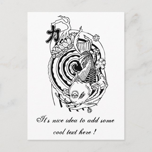 Postal Tatuaje genial de pez koi negro blanco oriental (Anverso)