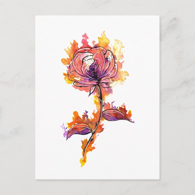 Postal Tatuaje Rosa en llamas (Anverso)