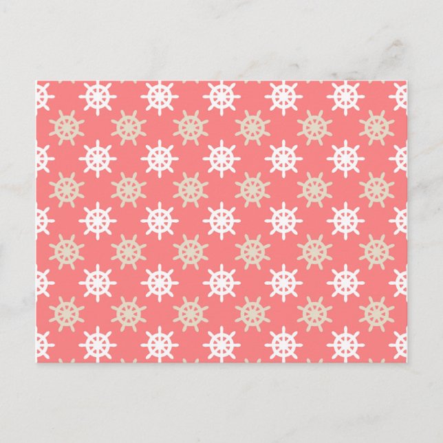 Postal Taupe White and Coral Ships Wheel Patrón Náutico (Anverso)