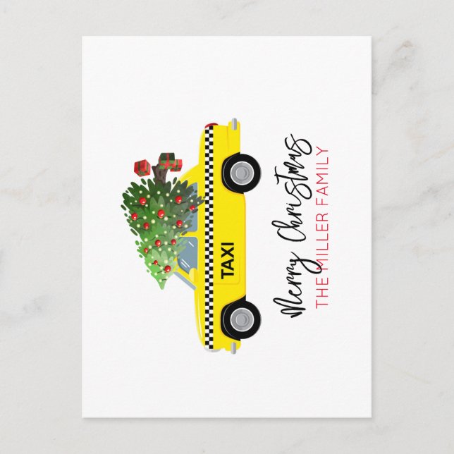 Postal Taxi amarillo Cab Feliz Árbol de Navidad Festivida (Anverso)