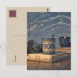 Postal Taza de café vintage libro vela cielo azul nubes
