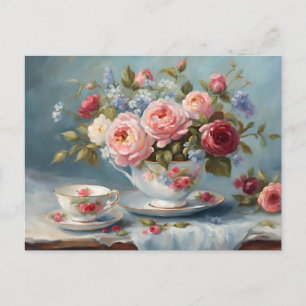 Postal Taza de té con hermosas flores 