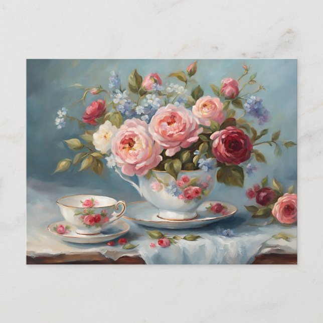 Postal Taza de té con hermosas flores  (Anverso)