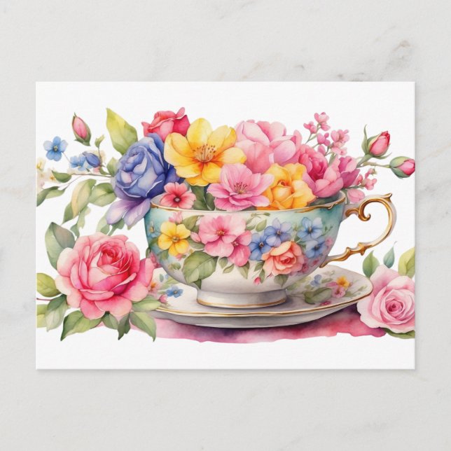 Postal Taza de té de acuarela con flores hermosas  (Anverso)